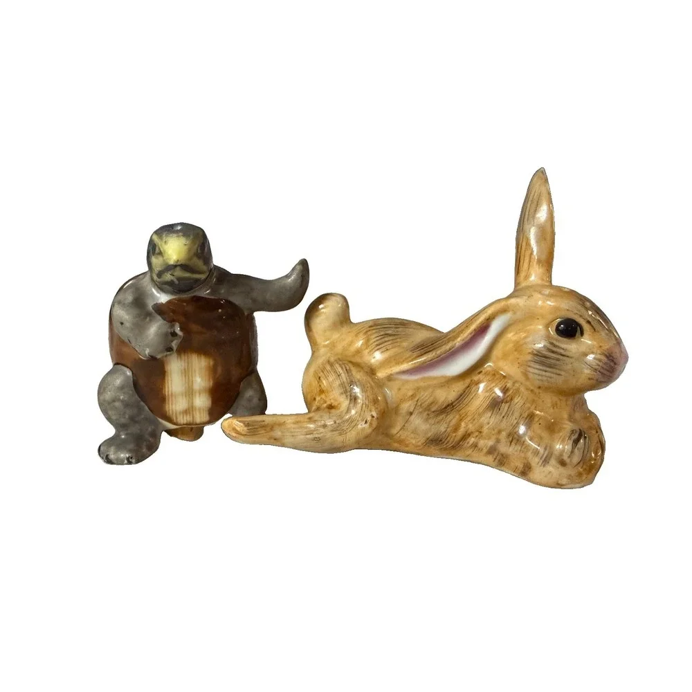 Vintage Japan Rabbit Turtle Salt Pepper Shakers Ceramic Figurines Cork Stoppers